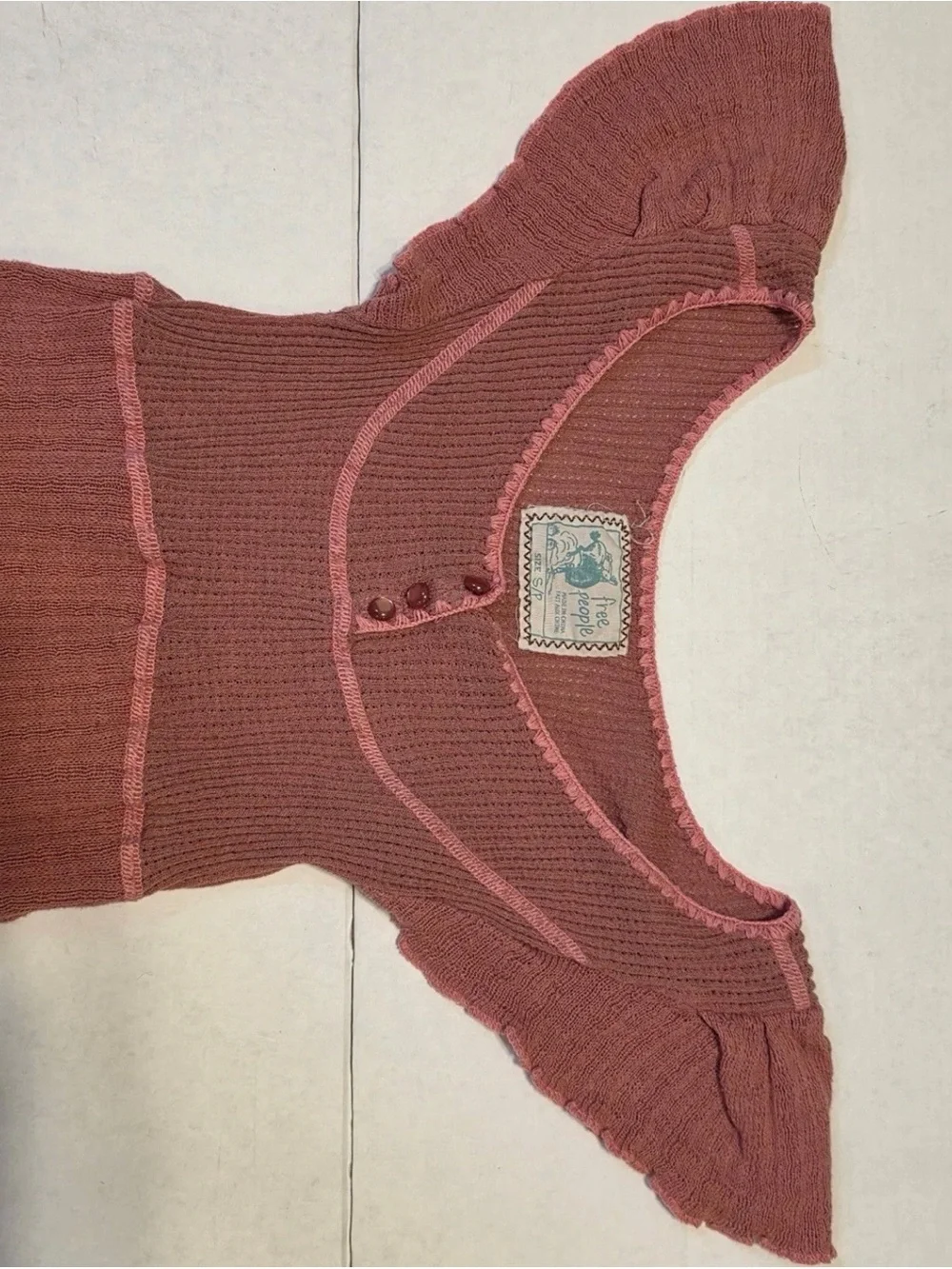 Vintage Free People Dusty Rose Ribbed Knit Top with Flutter Sleeves